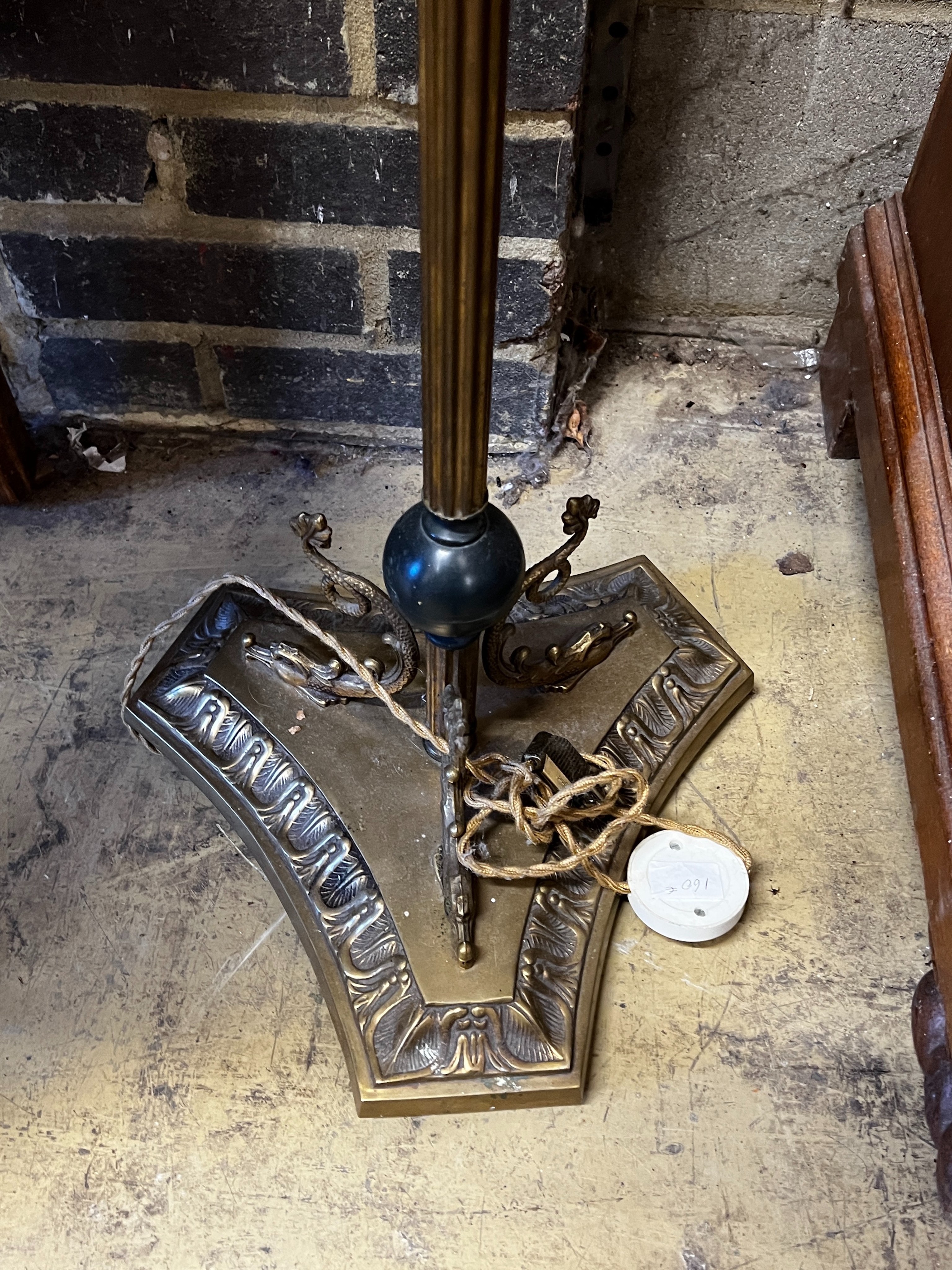 An Empire style six branch brass standard lamp with feet, height 152cm